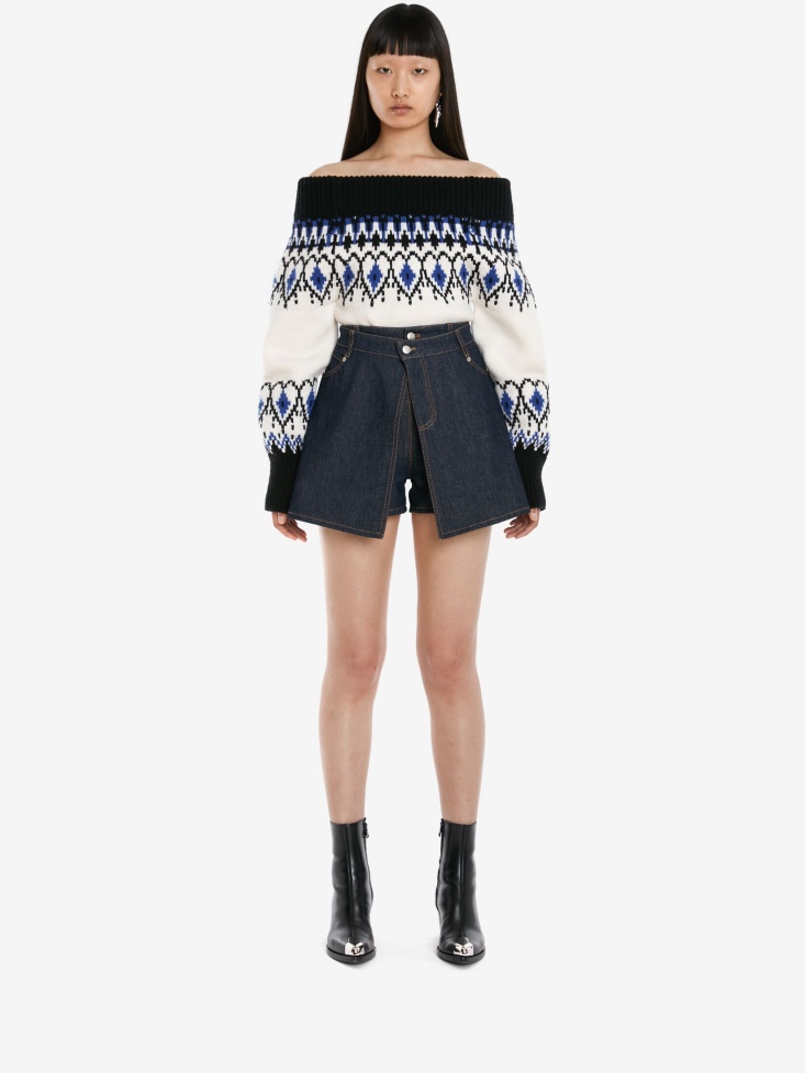 Washed Blue Women's Denim Trompe L'Oeil Shorts Fashion Alexander McQueen