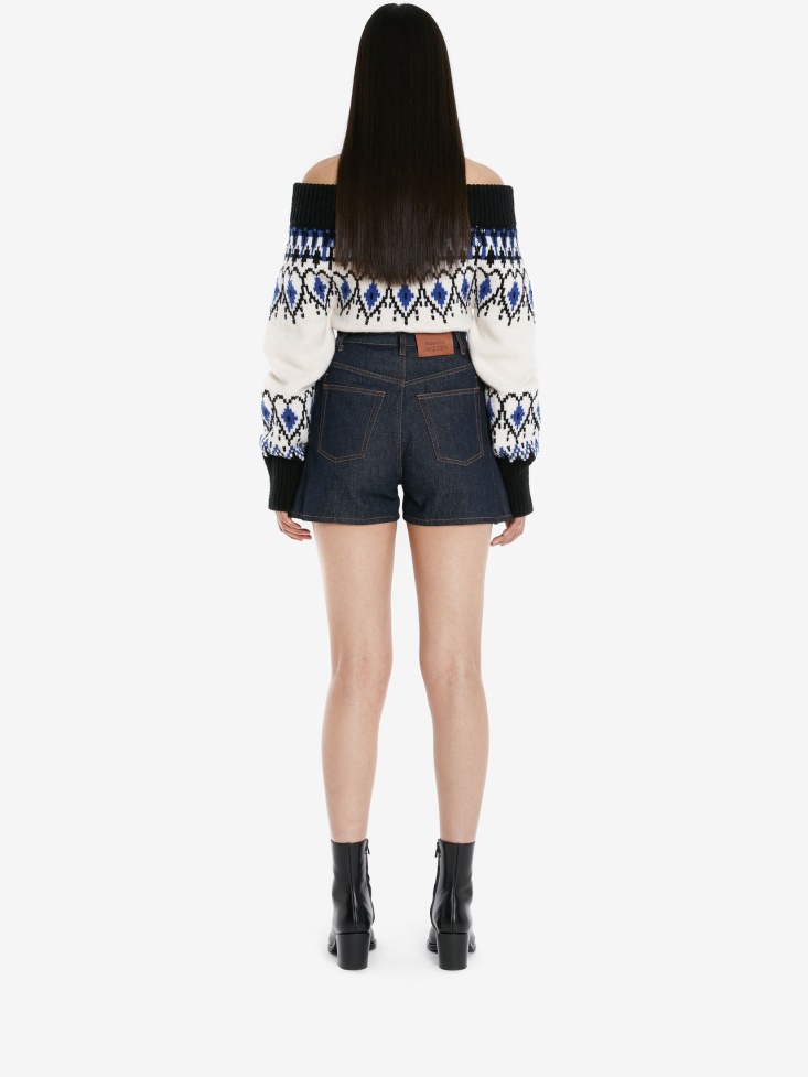 Washed Blue Women's Denim Trompe L'Oeil Shorts Fashion Alexander McQueen