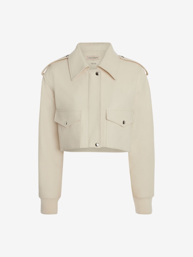 Ivory Fashion Alexander McQueen Women's Leather Cropped Aviator Jacket