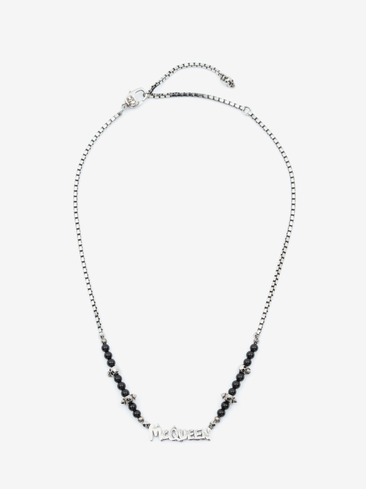 Men's in Graffiti Cut-Out Beaded Necklace Fashion Alexander McQueen Black/Silver