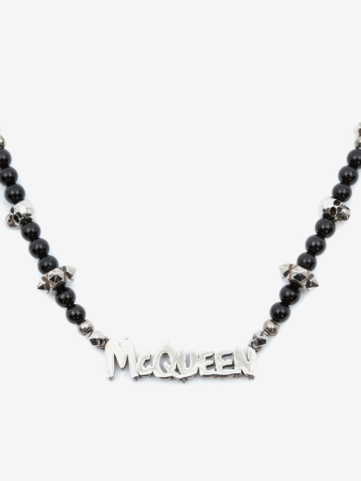 Men's in Graffiti Cut-Out Beaded Necklace Fashion Alexander McQueen Black/Silver