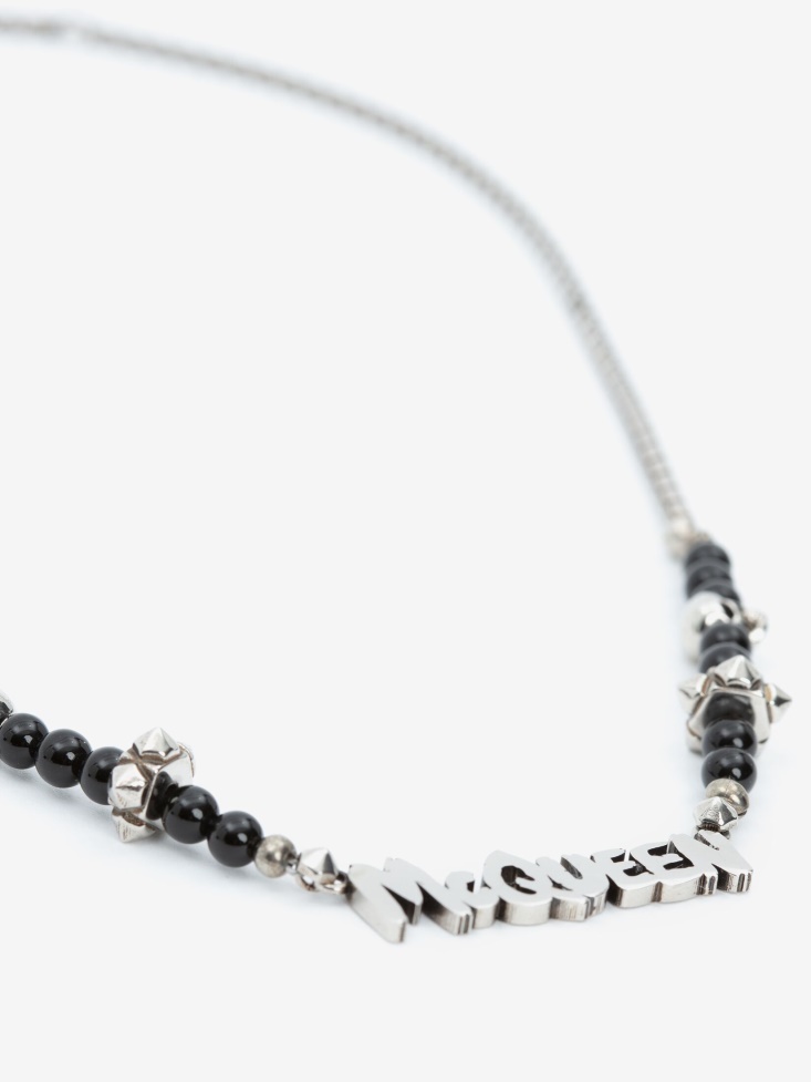 Men's in Graffiti Cut-Out Beaded Necklace Fashion Alexander McQueen Black/Silver