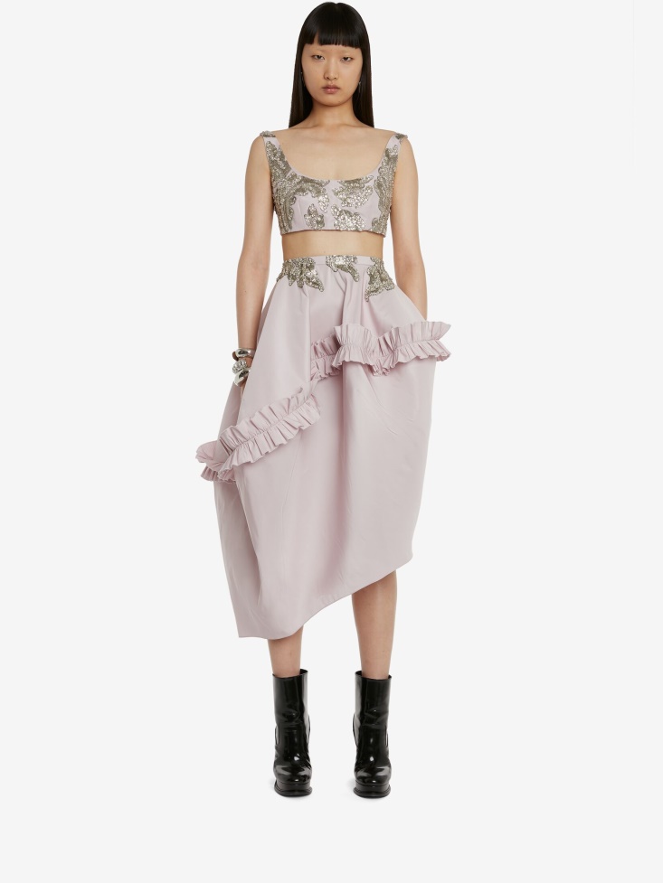 Fashion Alexander McQueen Women's Alchemilla Embroidery Asymmetric Balloon Skirt Porcelain
