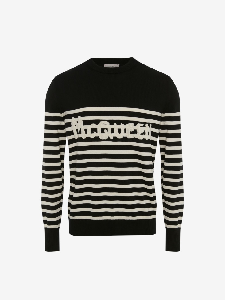 Fashion Alexander McQueen Men's in Graffiti Striped Sweatshirt Black/Ivory