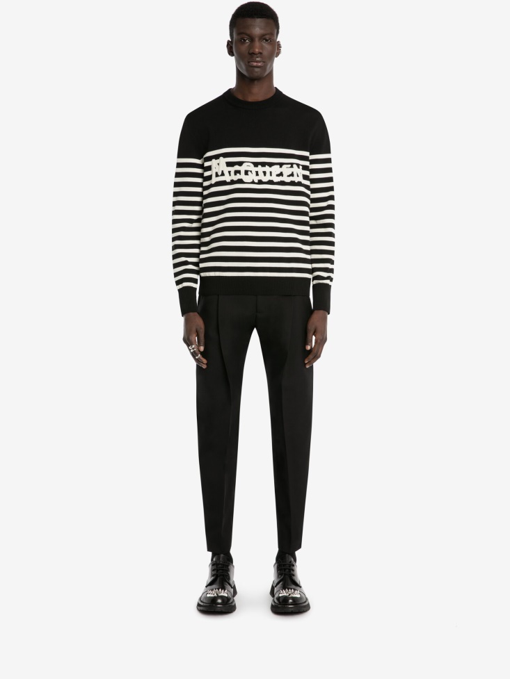 Fashion Alexander McQueen Men's in Graffiti Striped Sweatshirt Black/Ivory