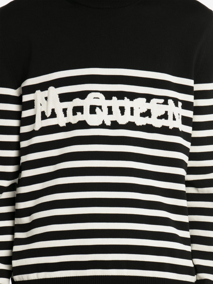 Fashion Alexander McQueen Men's in Graffiti Striped Sweatshirt Black/Ivory