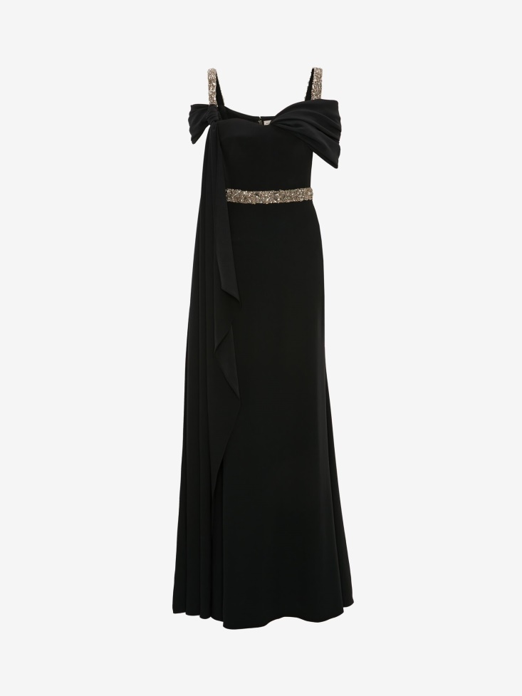 Women's Embroidered Scarf Drape Evening Dress Black Fashion Alexander McQueen