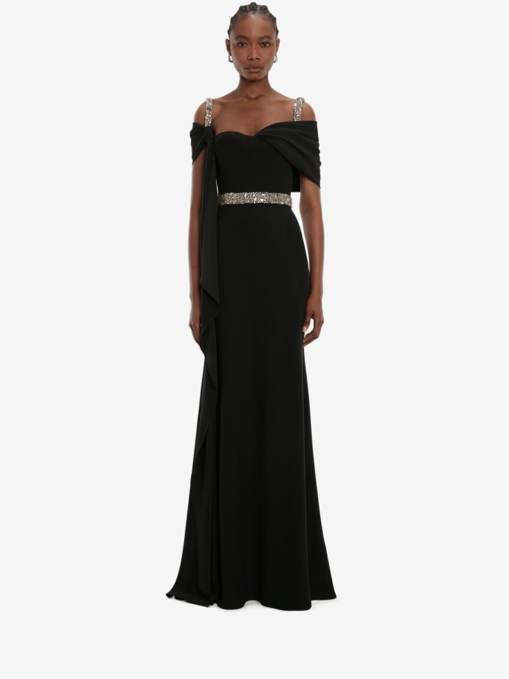 Women's Embroidered Scarf Drape Evening Dress Black Fashion Alexander McQueen