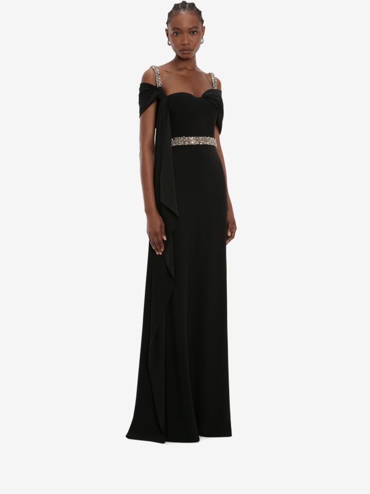 Women's Embroidered Scarf Drape Evening Dress Black Fashion Alexander McQueen