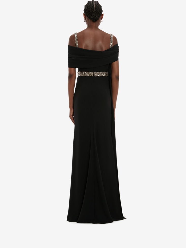 Women's Embroidered Scarf Drape Evening Dress Black Fashion Alexander McQueen