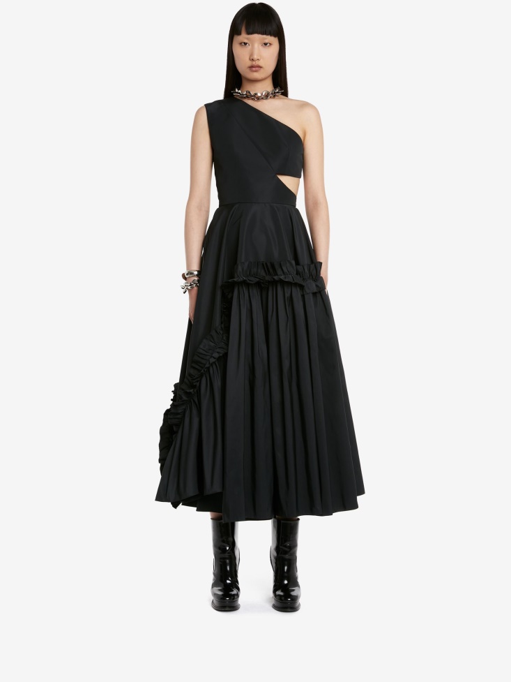 Fashion Alexander McQueen Black Women's Slashed Asymmetric One-Shoulder Dress