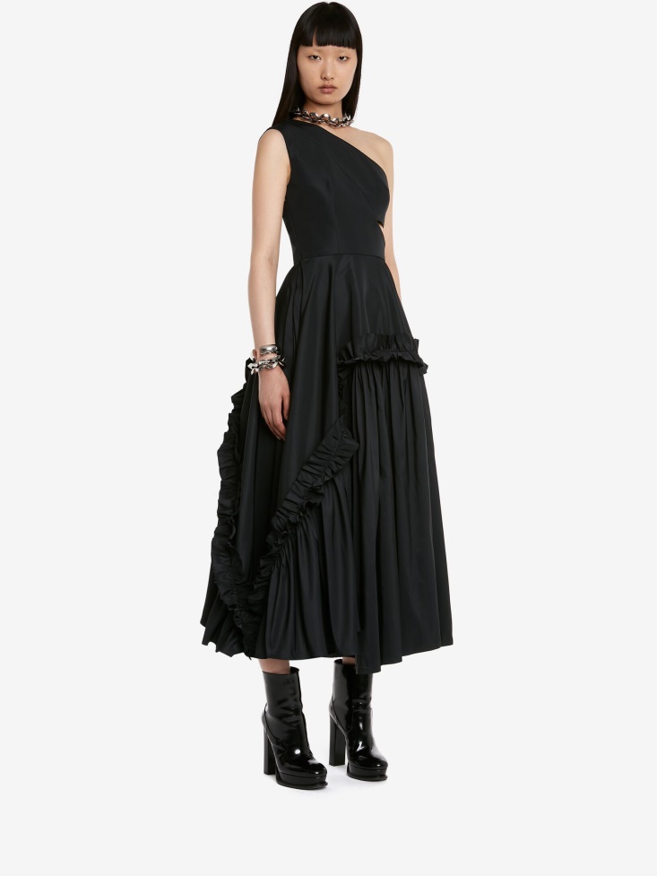 Fashion Alexander McQueen Black Women's Slashed Asymmetric One-Shoulder Dress