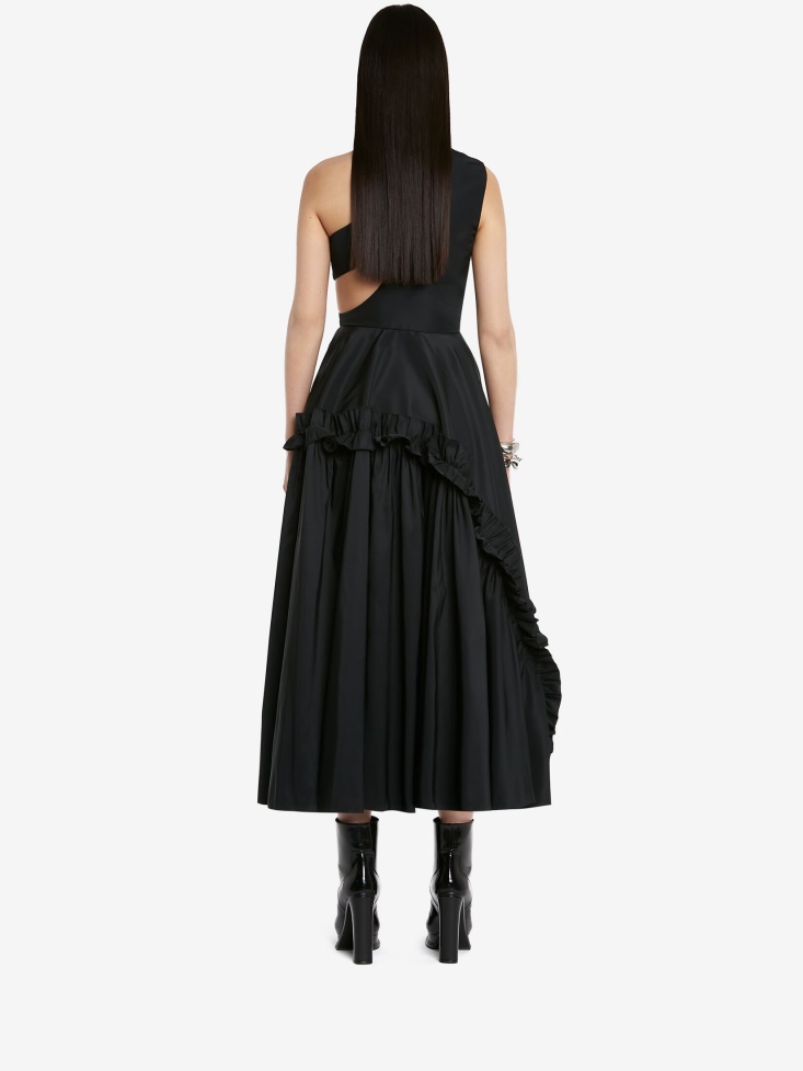 Fashion Alexander McQueen Black Women's Slashed Asymmetric One-Shoulder Dress