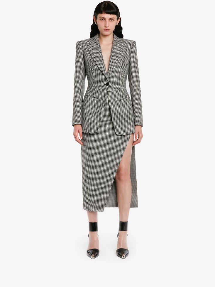 Women's Slashed Houndstooth Pencil Skirt Black/Ivory Fashion Alexander McQueen