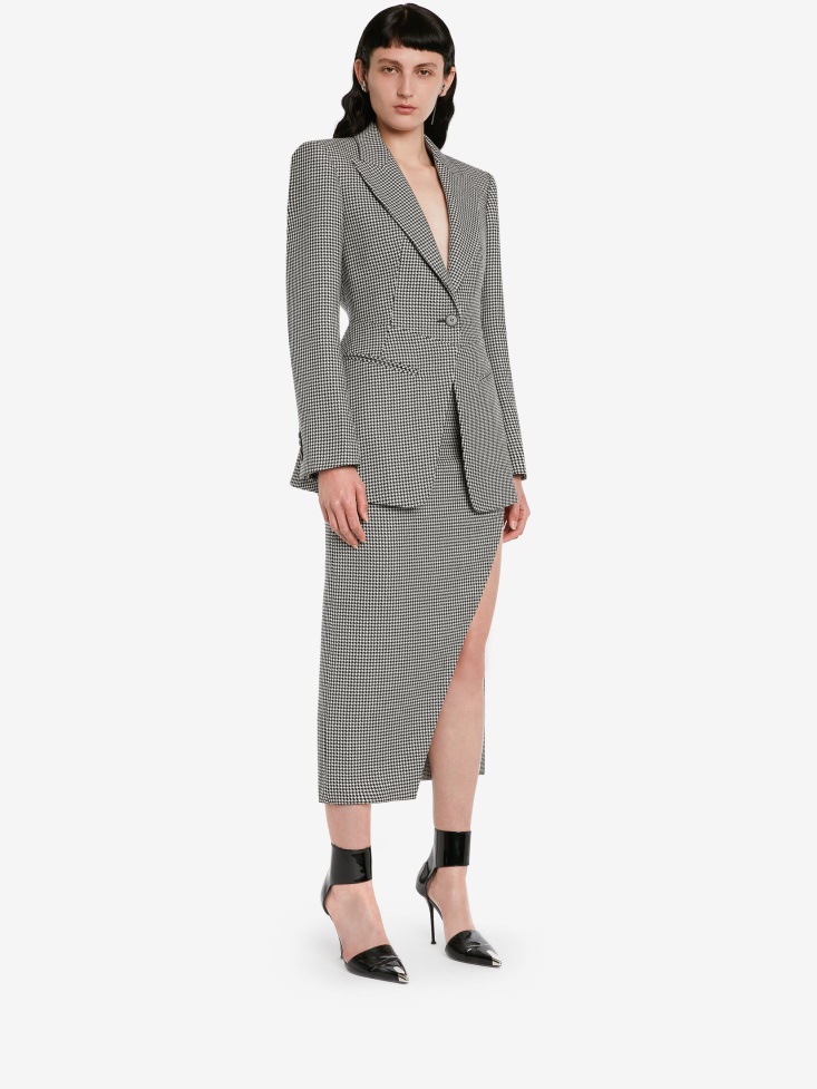 Women's Slashed Houndstooth Pencil Skirt Black/Ivory Fashion Alexander McQueen