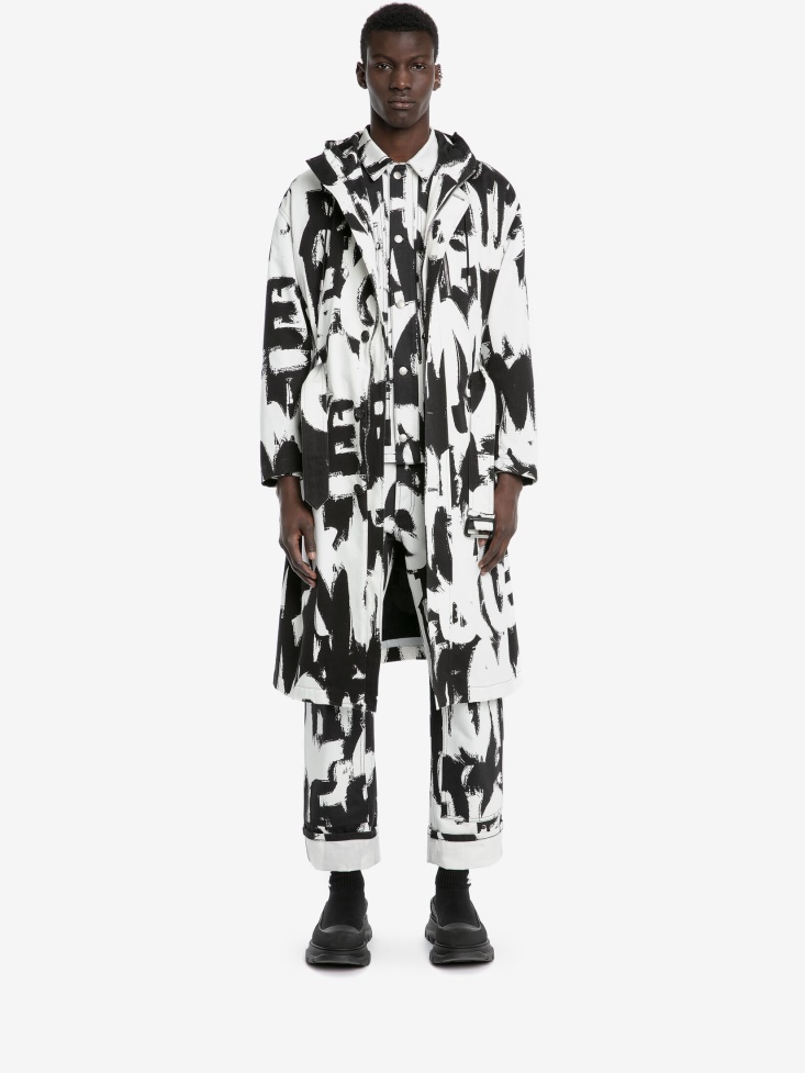 White/Black Men's in Graffiti Parka Fashion Alexander McQueen