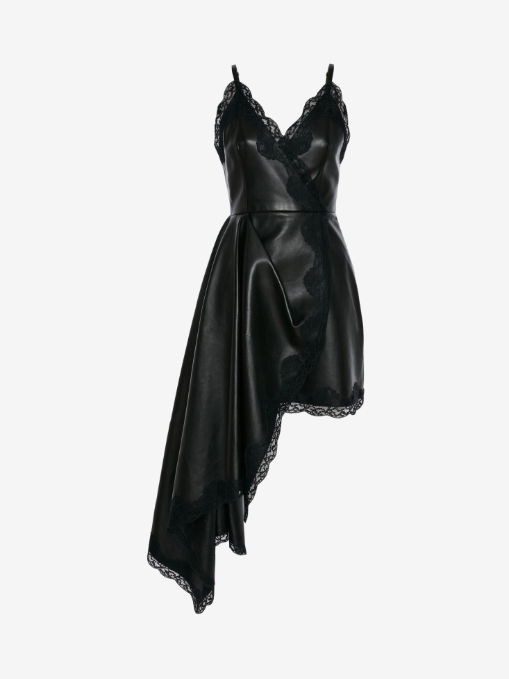 Black Women's Leather Drape Cami Mini Dress Fashion Alexander McQueen