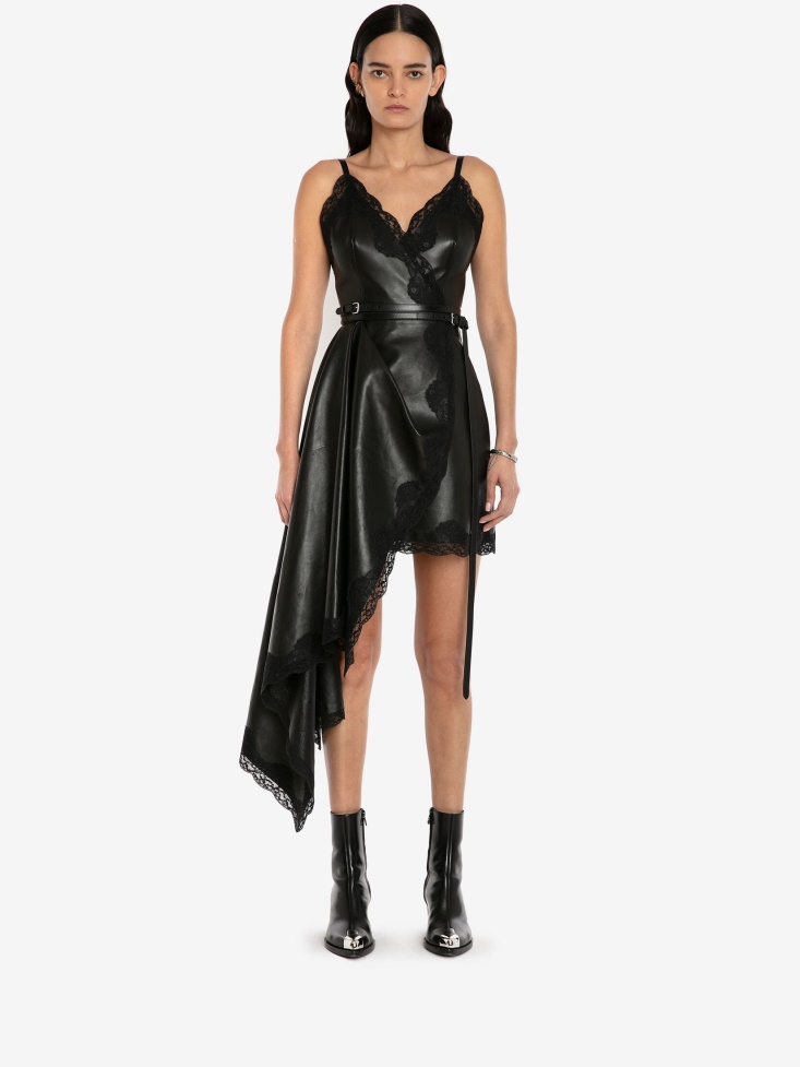 Black Women's Leather Drape Cami Mini Dress Fashion Alexander McQueen