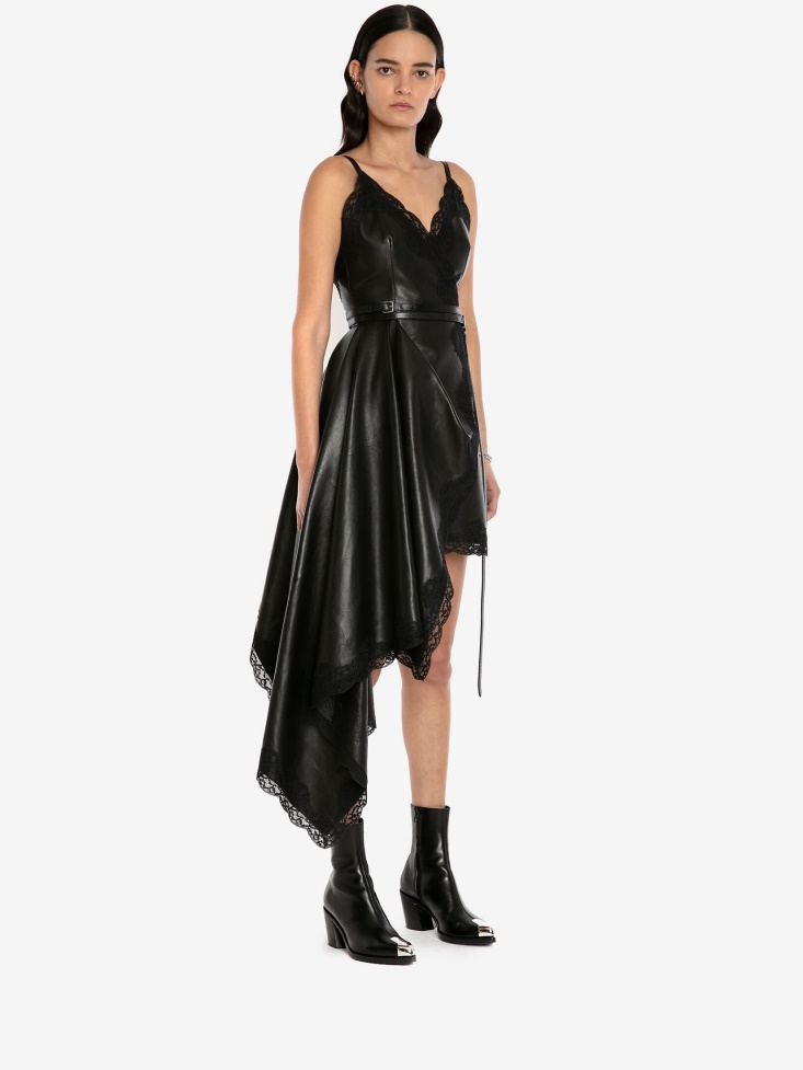 Black Women's Leather Drape Cami Mini Dress Fashion Alexander McQueen