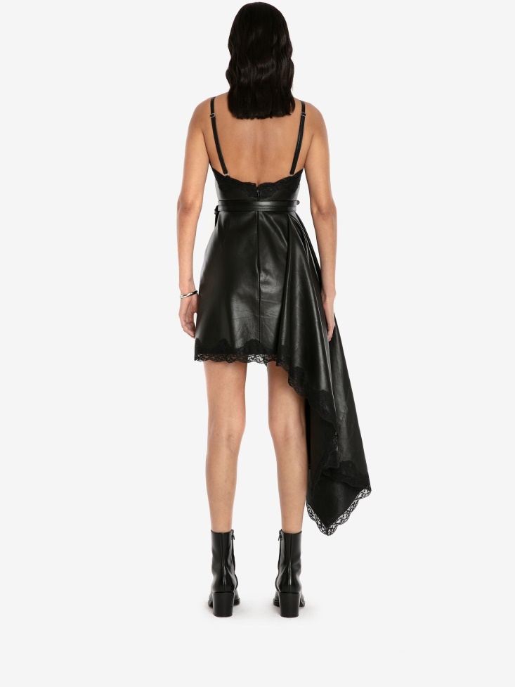 Black Women's Leather Drape Cami Mini Dress Fashion Alexander McQueen