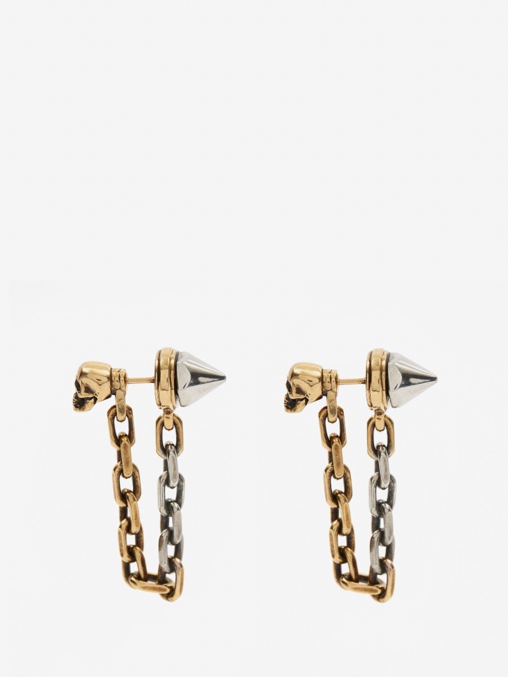 Fashion Alexander McQueen Women's Punk Stud Chain Earrings Antique Gold