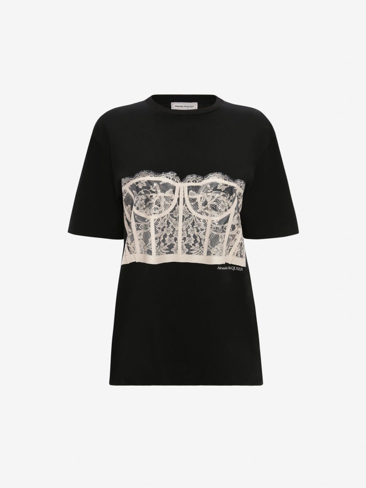 Black Women's Lace Corset T-Shirt Fashion Alexander McQueen