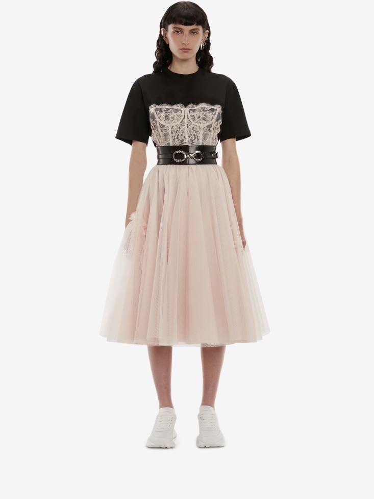 Black Women's Lace Corset T-Shirt Fashion Alexander McQueen