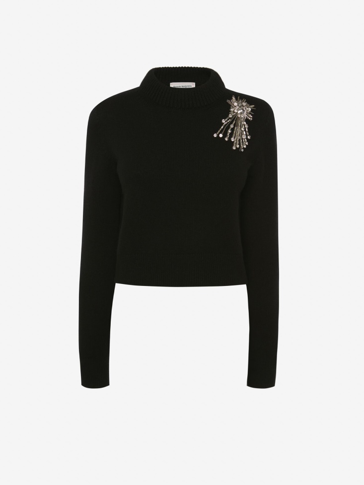Black/Crystal Fashion Alexander McQueen Women's Astral Jewel Shrunken Jumper