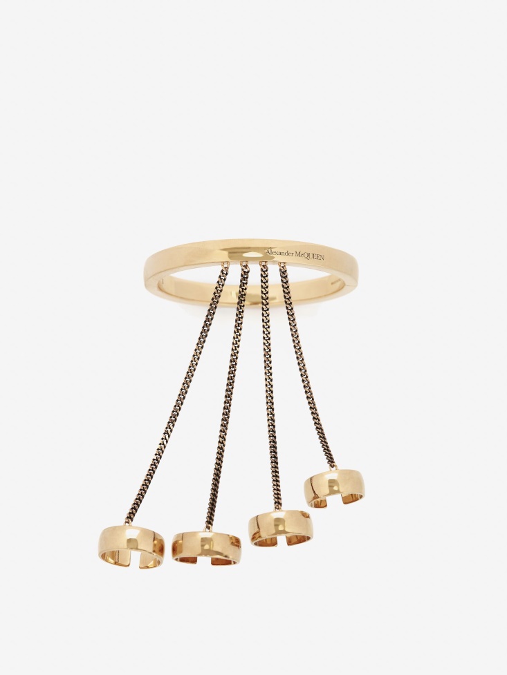 Fashion Alexander McQueen Women's Four Ring Hand Jewel Piece Antique Gold