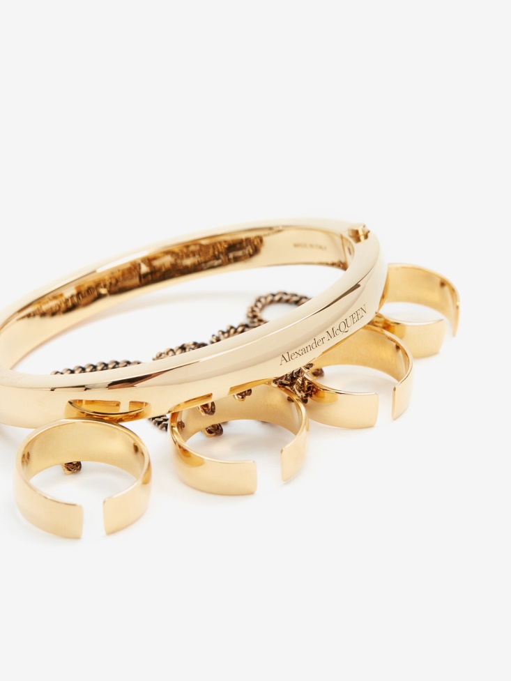Fashion Alexander McQueen Women's Four Ring Hand Jewel Piece Antique Gold