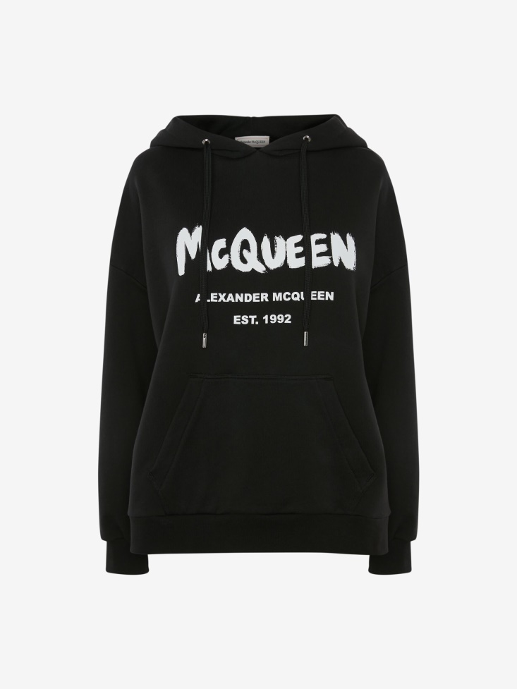 Black/White Fashion Alexander McQueen Women's in Graffiti Hooded Sweatshirt