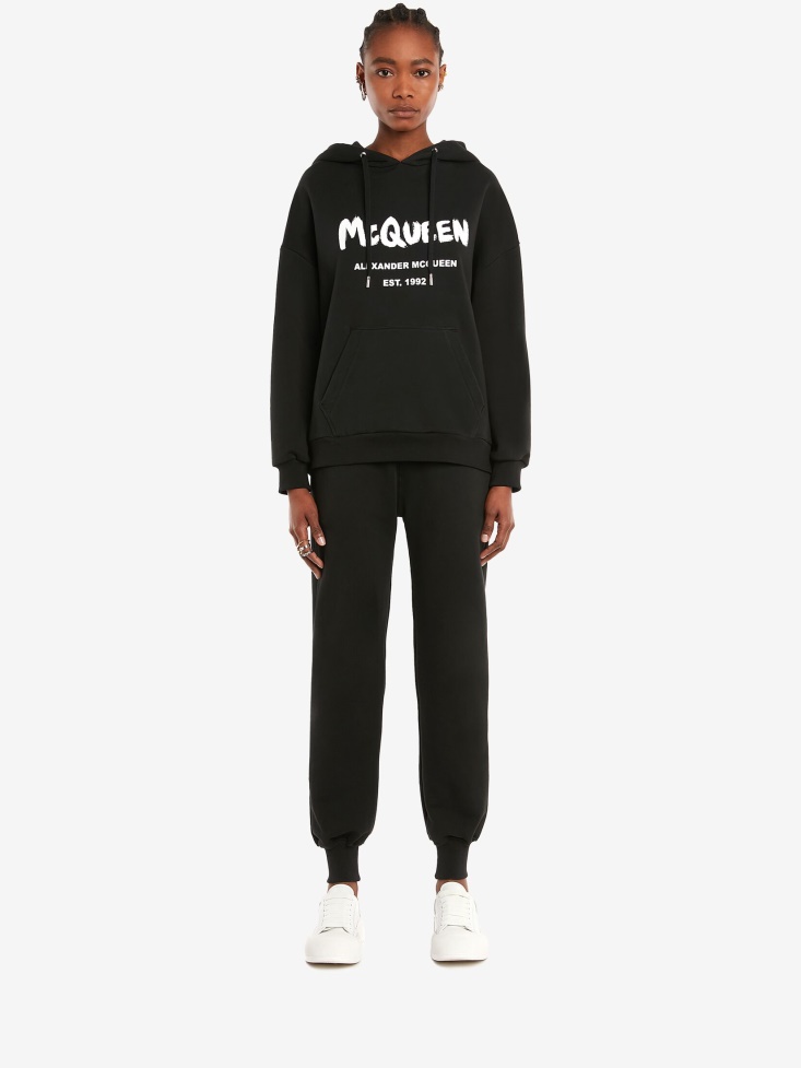 Black/White Fashion Alexander McQueen Women's in Graffiti Hooded Sweatshirt