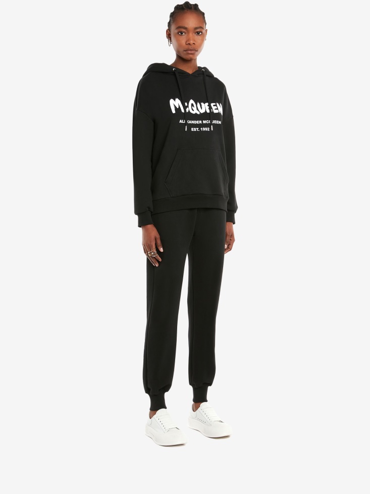 Black/White Fashion Alexander McQueen Women's in Graffiti Hooded Sweatshirt
