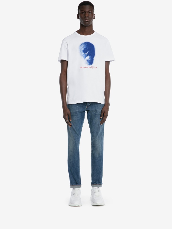 White/Blue Men's Skull Motif T-Shirt Fashion Alexander McQueen
