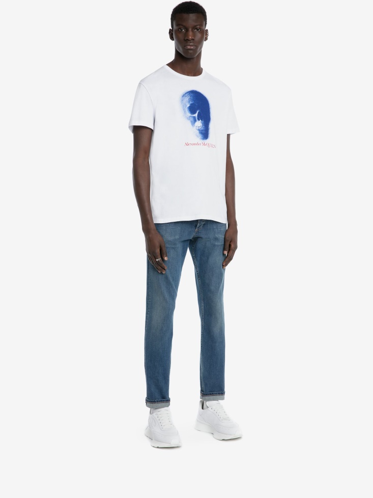 White/Blue Men's Skull Motif T-Shirt Fashion Alexander McQueen
