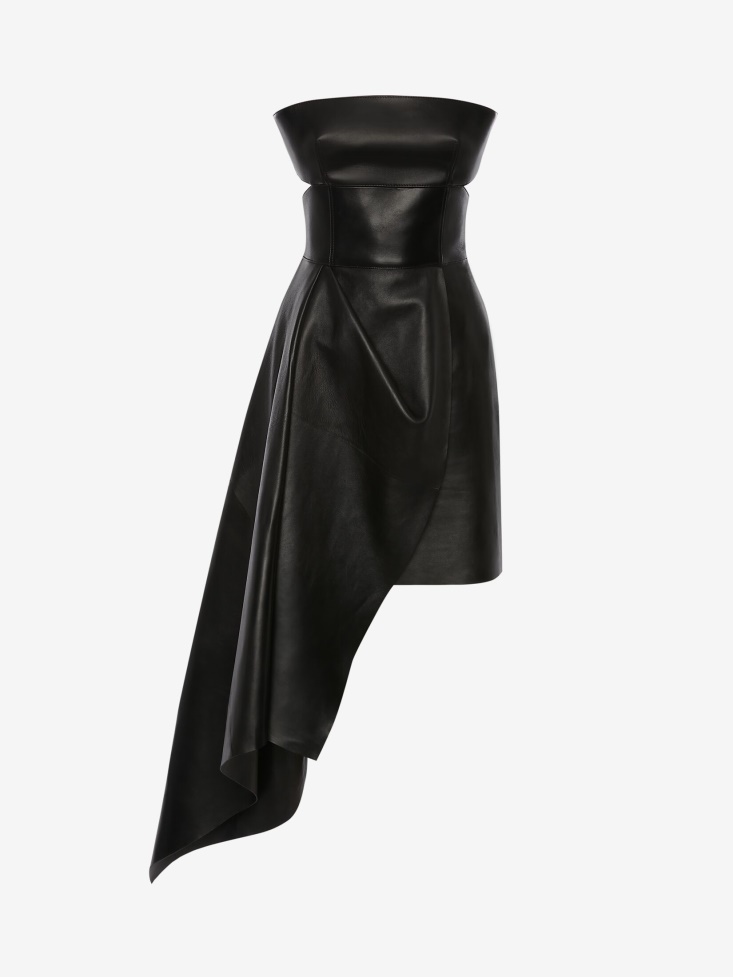 Fashion Alexander McQueen Black Women's Leather Bustier Drape Dress