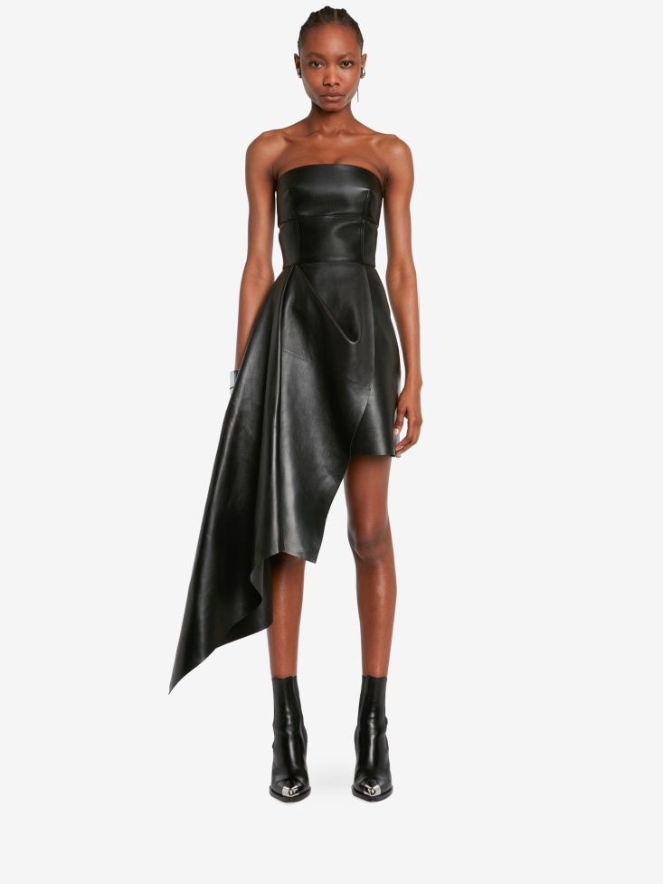 Fashion Alexander McQueen Black Women's Leather Bustier Drape Dress