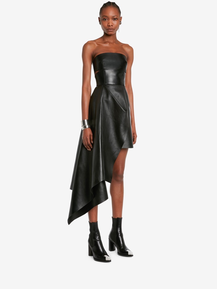 Fashion Alexander McQueen Black Women's Leather Bustier Drape Dress