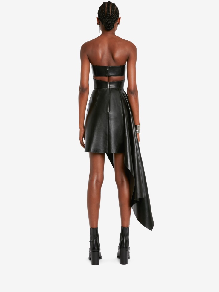 Fashion Alexander McQueen Black Women's Leather Bustier Drape Dress