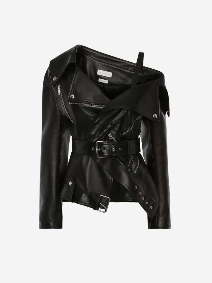 Black Women's Leather Twisted Biker Jacket Fashion Alexander McQueen