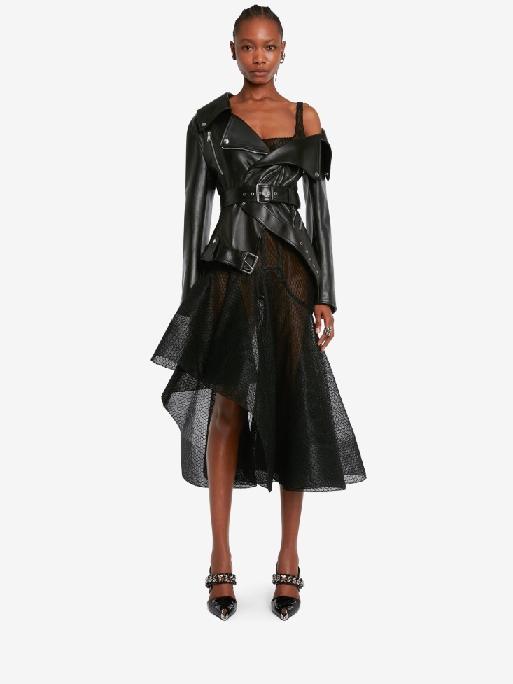 Black Women's Leather Twisted Biker Jacket Fashion Alexander McQueen