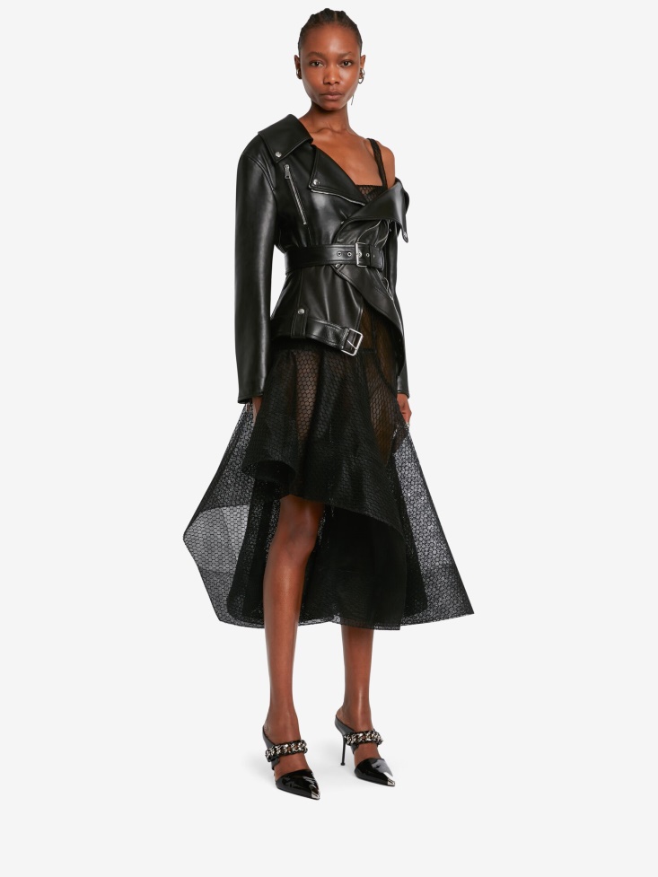 Black Women's Leather Twisted Biker Jacket Fashion Alexander McQueen