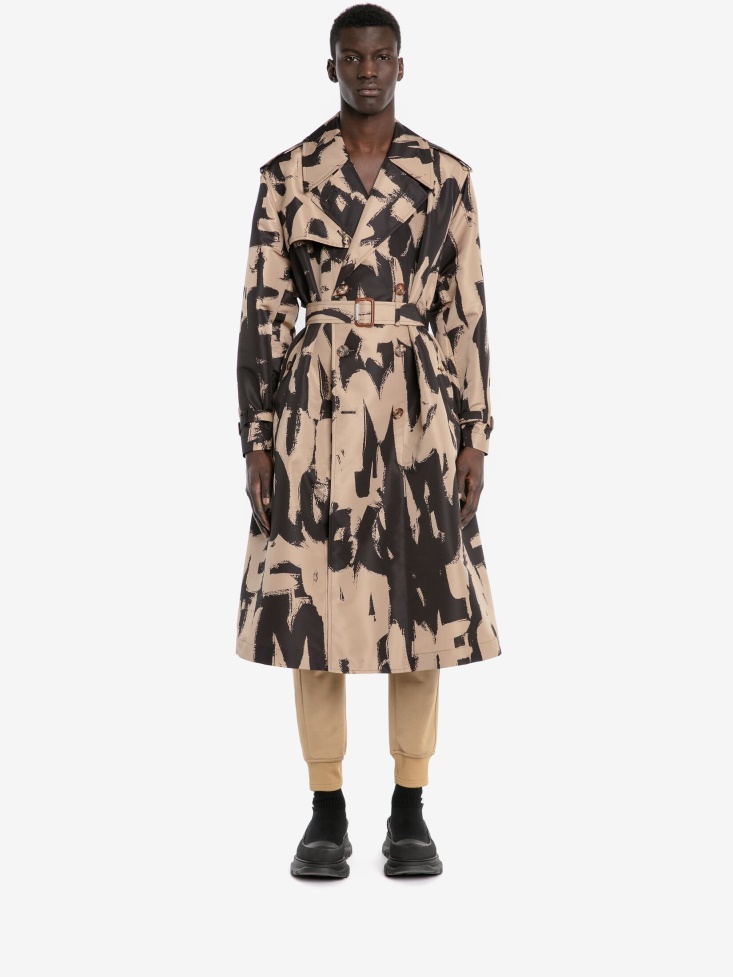 Fashion Alexander McQueen Black/Beige Men's in Graffiti Trench Coat