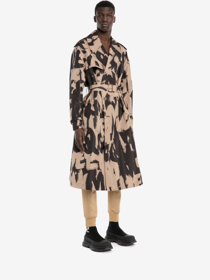 Fashion Alexander McQueen Black/Beige Men's in Graffiti Trench Coat