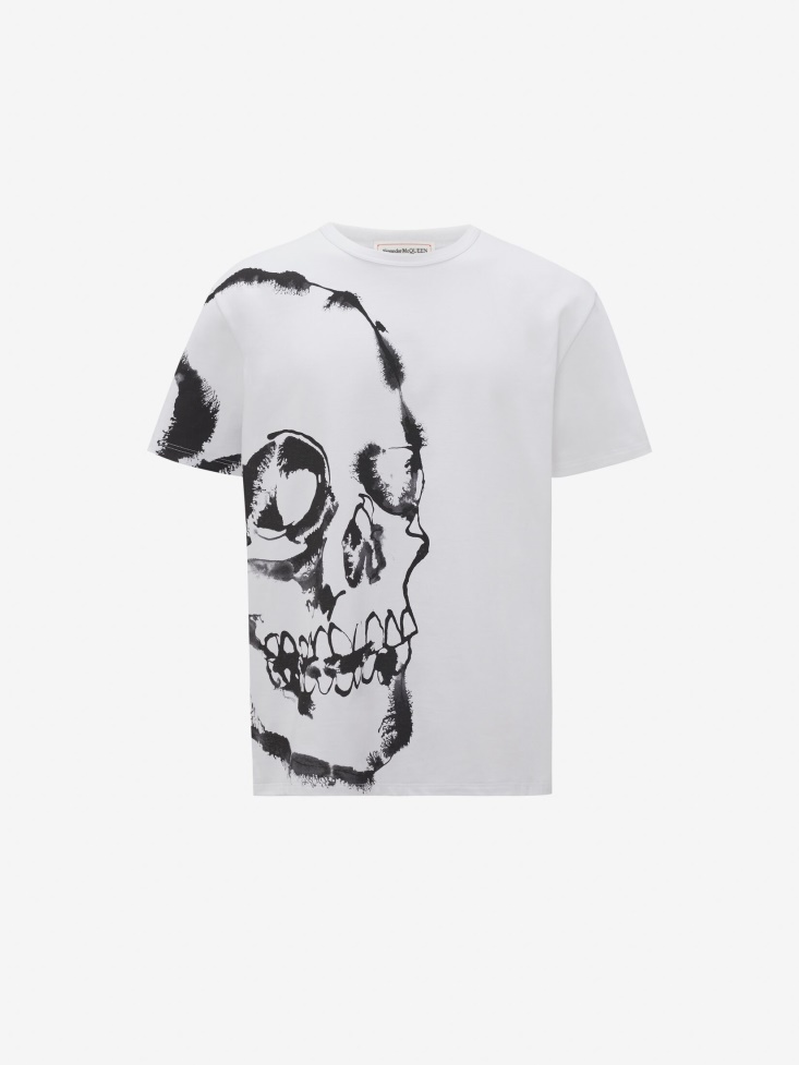 White Men's Watercolour Skull T-Shirt Fashion Alexander McQueen
