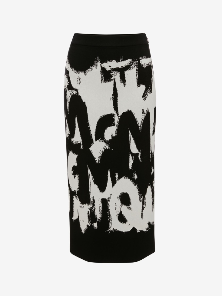 Fashion Alexander McQueen Black/White Women's in Graffiti Jacquard Midi Skirt