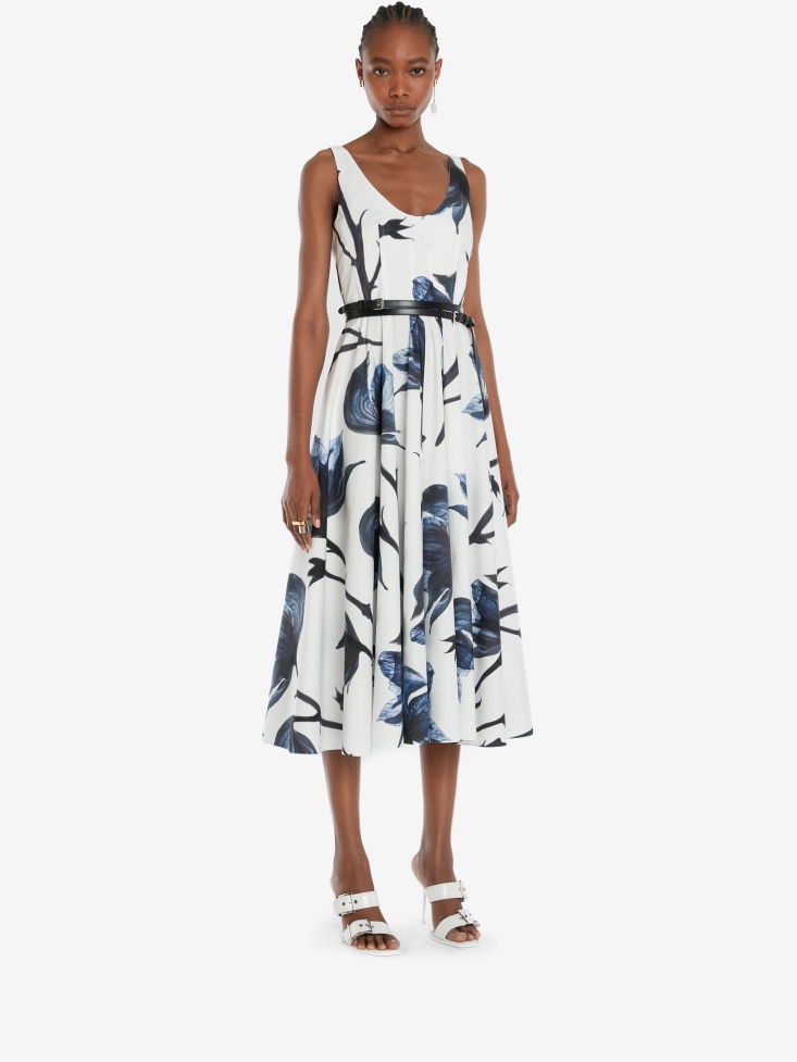 Women's Cotton Poplin Bellflower Midi Dress Fashion Alexander McQueen Blue