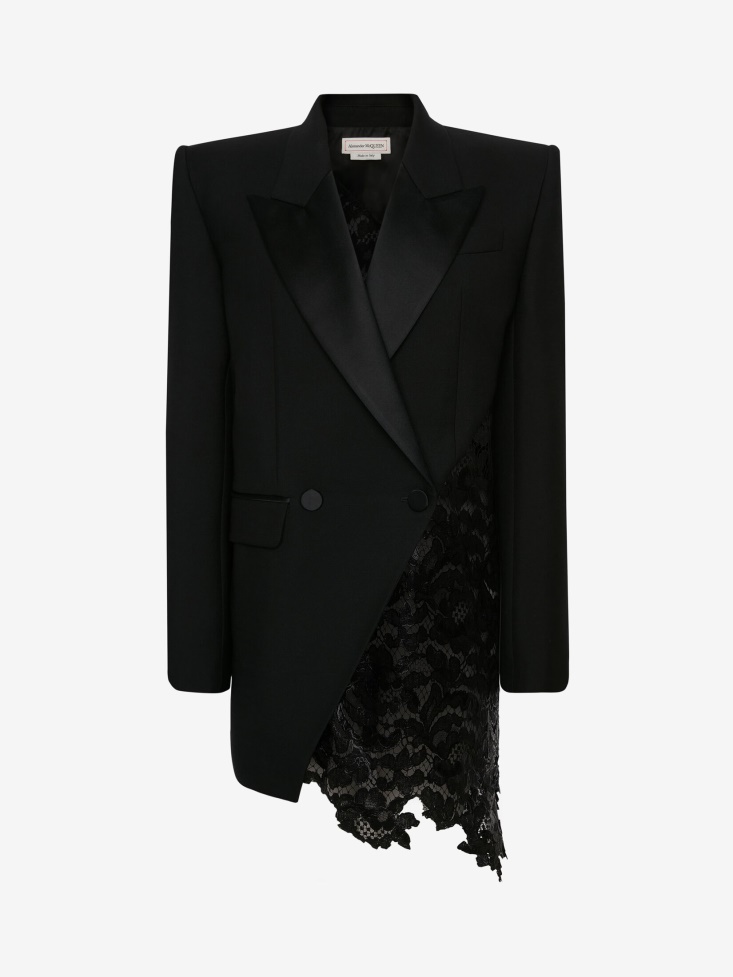 Fashion Alexander McQueen Women's Slashed Lace Detail Double-Breasted Jacket Black