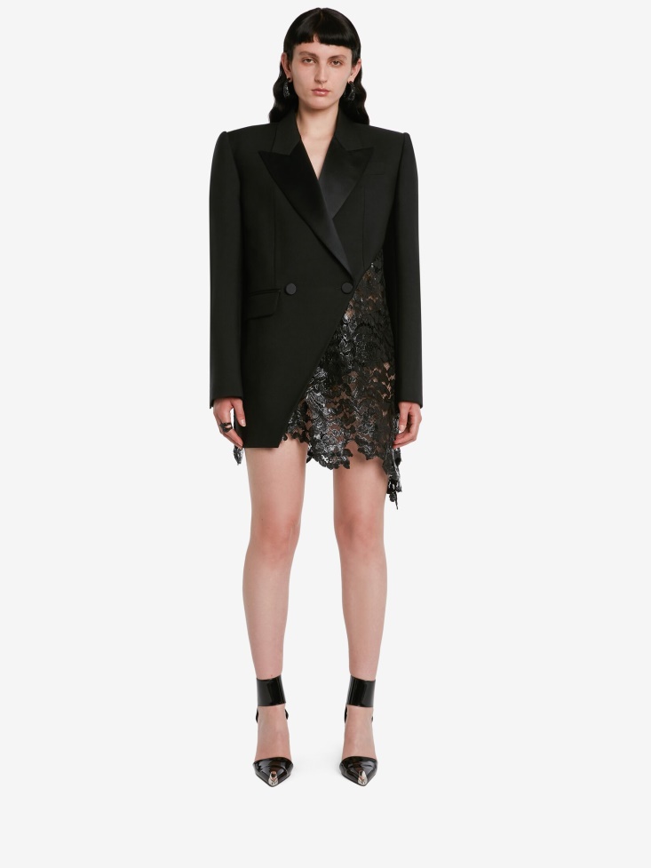 Fashion Alexander McQueen Women's Slashed Lace Detail Double-Breasted Jacket Black