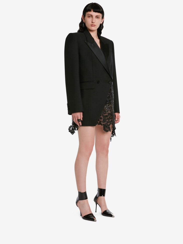 Fashion Alexander McQueen Women's Slashed Lace Detail Double-Breasted Jacket Black